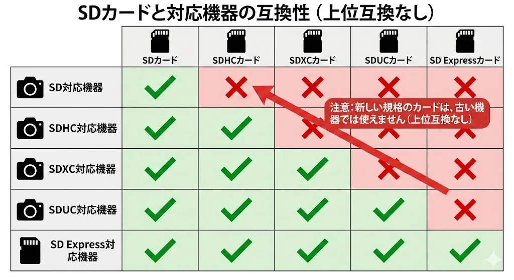 SD卡与兼容设备的兼容性。新规格的卡可能无法在旧设备上使用。
