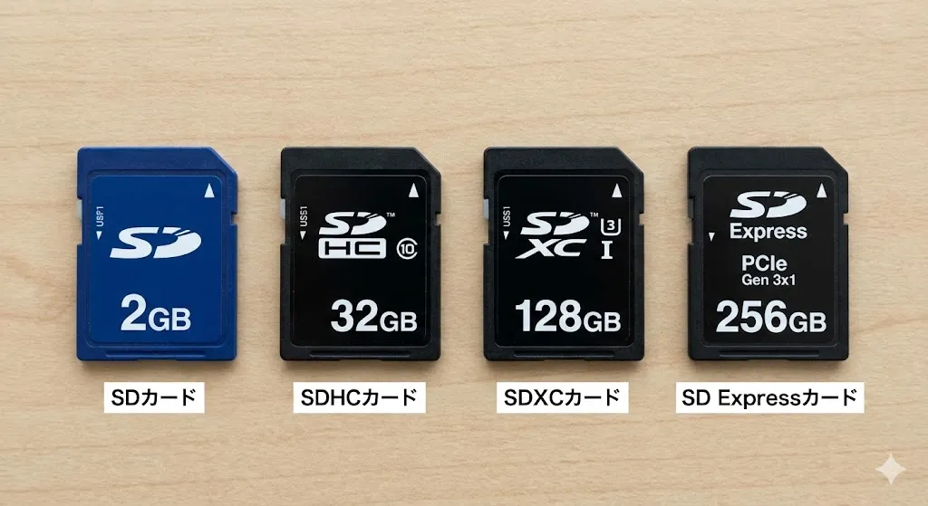 SD卡，SDHC卡，SDXC卡，SD Express卡的真实物品 (您可以看到符号的差异)