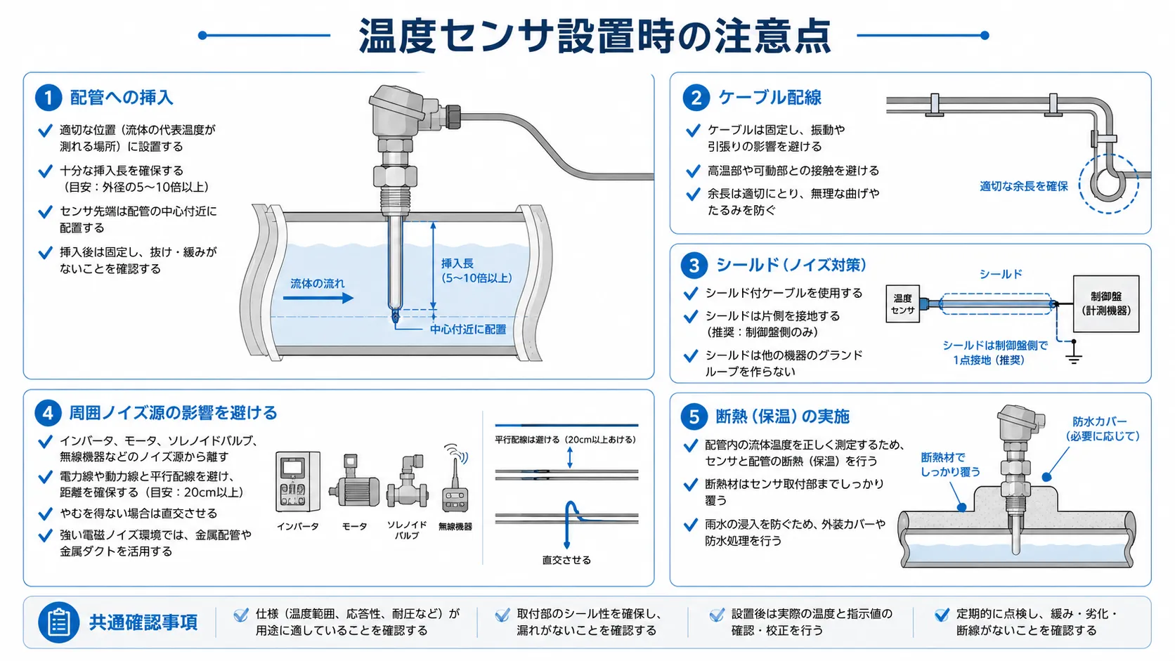 该图显示了接触式温度传感器的安装位置、布线和噪声控制